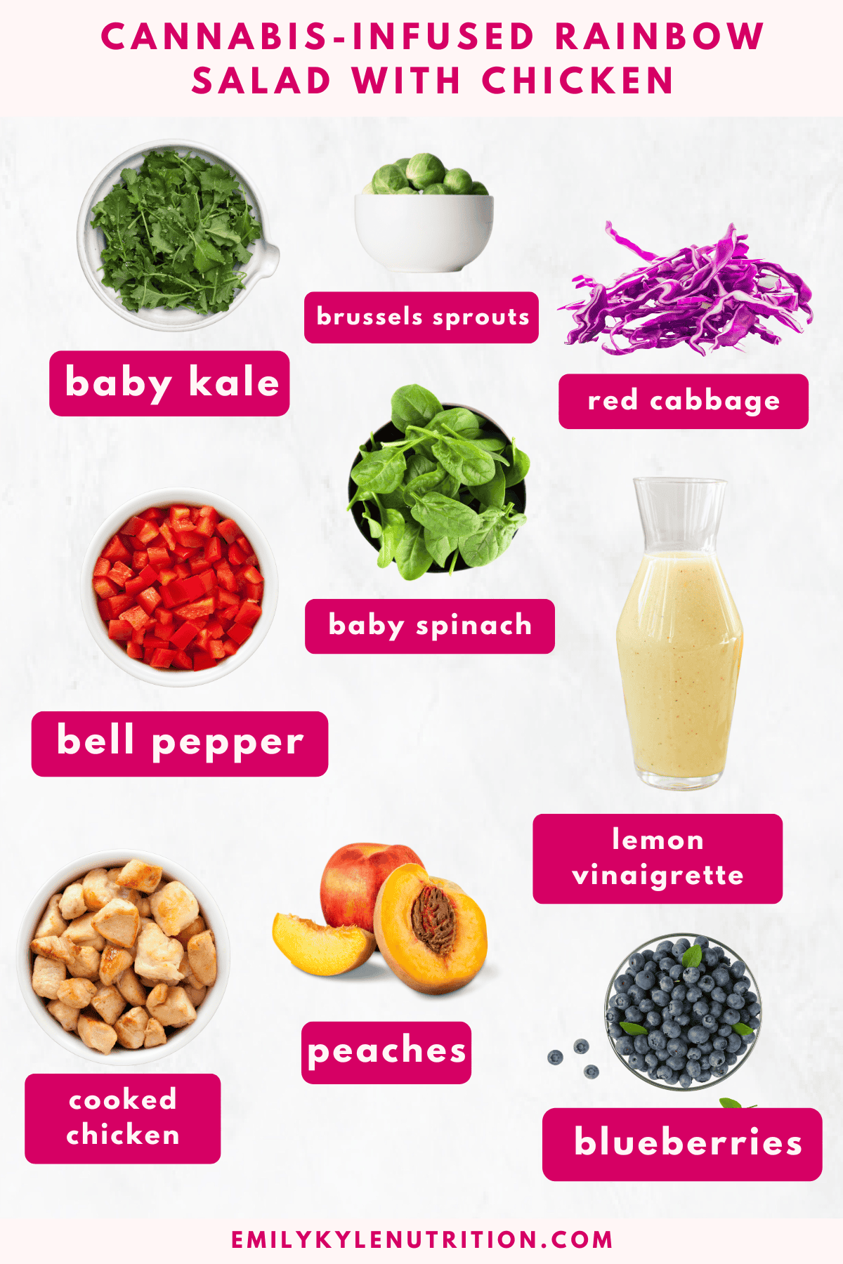 A collage of the ingredients needed to make a cannabis rainbow chicken salad. 