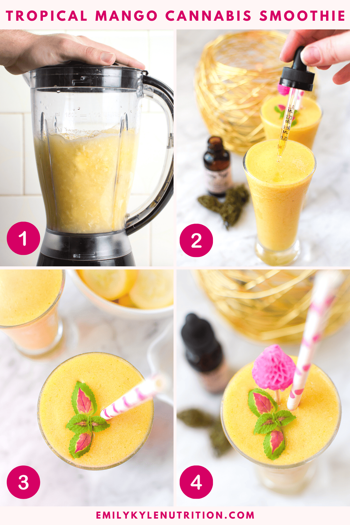 A step-by-step image collage for a tropical cannabis smoothie.